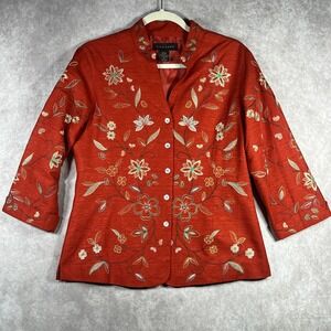 Silk Land Jacket Womens Medium Red Floral Embroidered Silk Asian Button Artsy